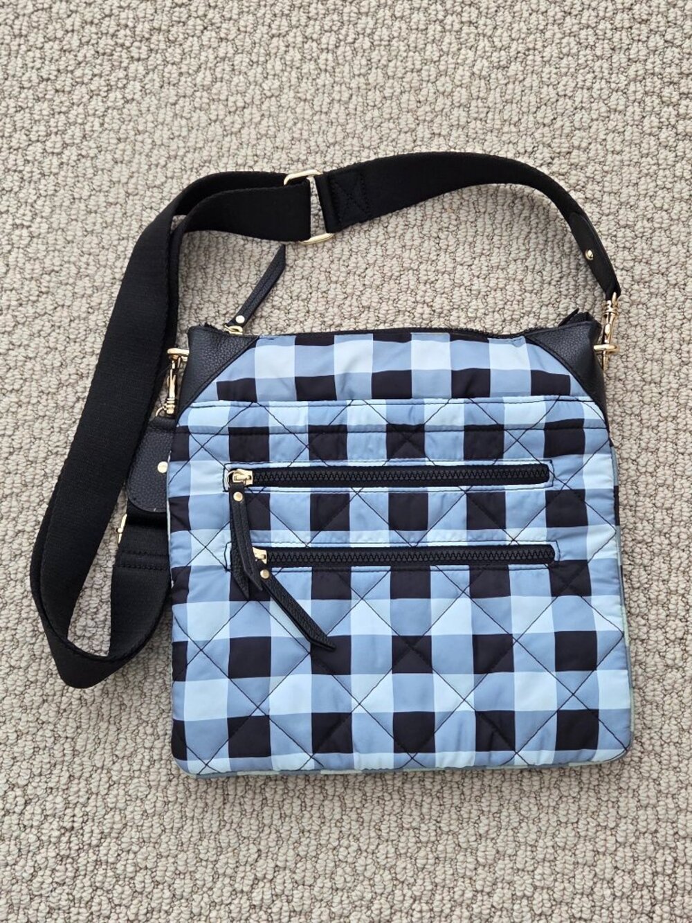 Chico's Black Blue Checkers Messenger Travel Crossbody Bag 11"x11"